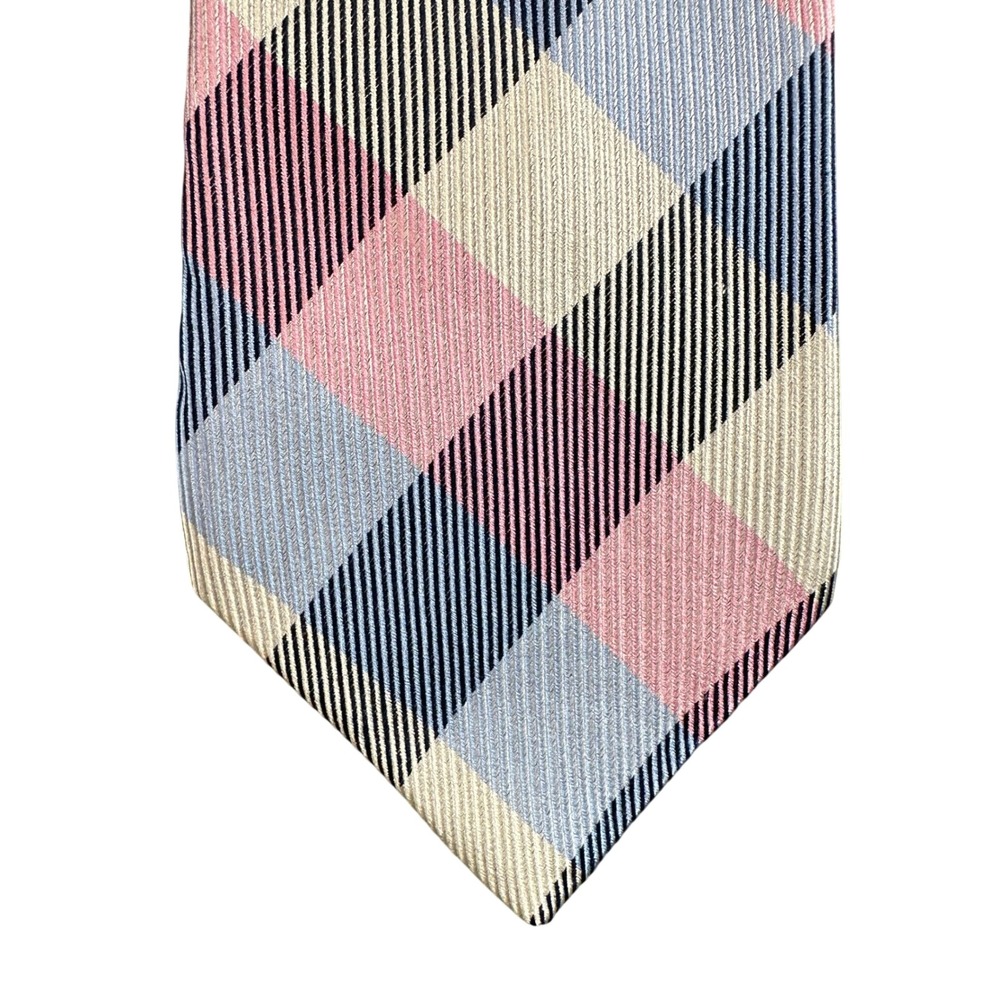Nautica Mens Silk Plaid Necktie Pink Navy Blue Cream Ribbed Texture